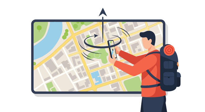 Traveler using smartphone with augmented reality map for navigation