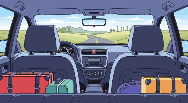 View from inside car on road trip with luggage in back seat