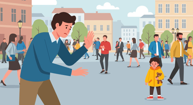 Worried Father Reaches for Lost Child in Crowded City Square
