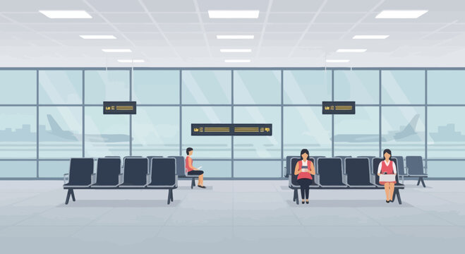 Airport waiting lounge with passengers sitting and plane visible through windows