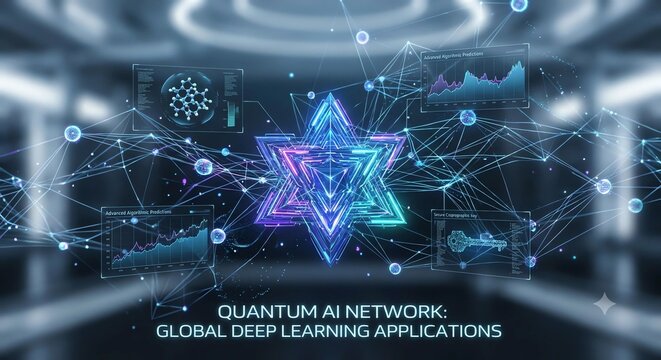 Deep learning artificial intelligence network with advanced quantum computing interface, cybersecurity data visualization.
고급 양자 컴퓨팅 인터페이스를 갖춘 딥러닝 인공지능 네트워크, 사이버 보안 데이터 시각화