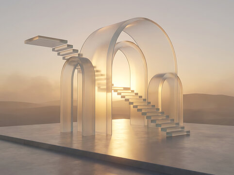 Abstract glass arches with stairs. Modern 3D architectural structure. Surreal minimalist design concept.