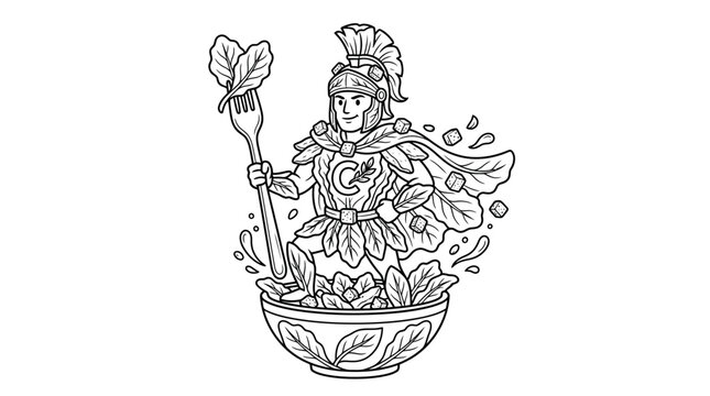 A black and white line art illustration of a Roman gladiator warrior holding a fork with spinach in a salad bowl.