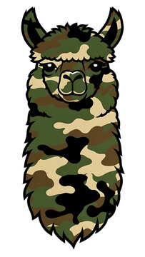 Woodland Camo Llama Face Smiling Funny Tactical Mascot Vector