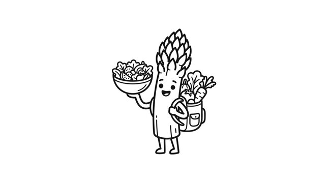 Cute cartoon asparagus character holding a bowl of salad and wearing a vegetable backpack.