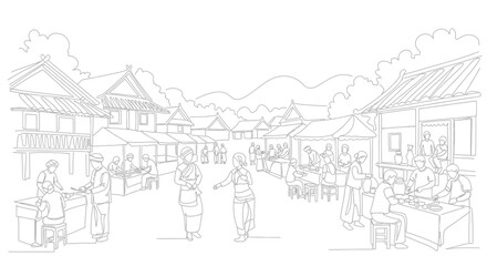 Fototapeta premium Traditional village market scene, people in ethnic clothing, bustling outdoor stalls, mountains background