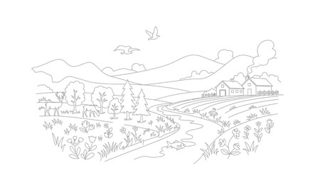 Fototapeta premium Rural Landscape Sketch: Rolling Hills, Farmhouses, Winding River, and Blooming Fields