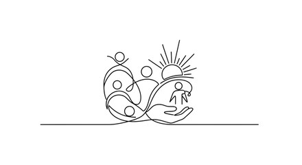 Naklejka premium Continuous line drawing of a hand holding diverse people and sun, representing community and hope