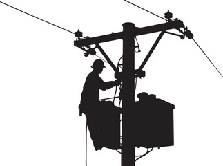 Obraz premium Silhouette of a lineman working on a utility pole worker