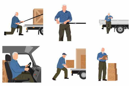 Senior male delivery driver and logistics worker set with truck and cargo boxes