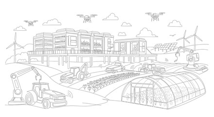 Fototapeta premium Futuristic Smart Farm with Drones, Robots, and Vertical Agriculture - Outline