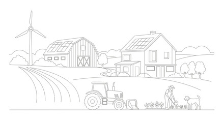 Fototapeta premium Sustainable farm scene with tractor, windmill, solar panels, and farmer tending crops