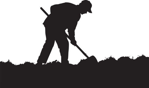 Silhouette of a man digging with a shovel in a field person