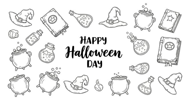 Halloween elements icons set with witch hats cauldrons and potions