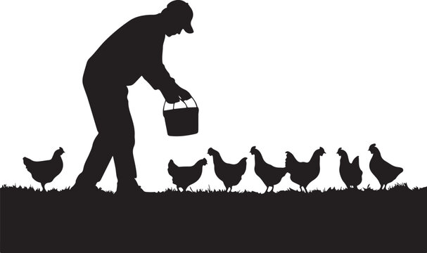 Silhouette of a man feeding chickens in a field