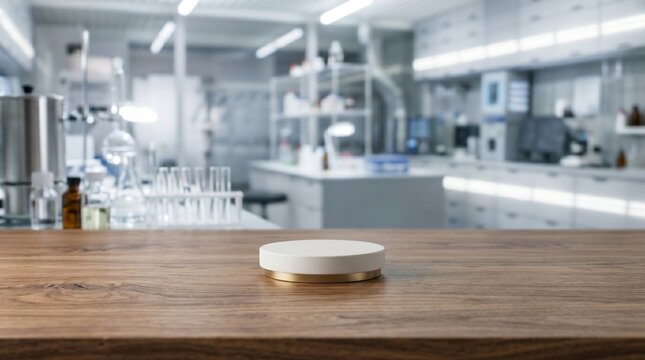 A round white pedestal with a gold base sits on a wooden tabletop, with a blurred high-tech laboratory in the background. Ideal for product mockups.