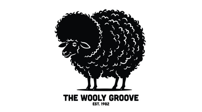 Vintage sheep logo with afro hair, black and white woolly sheep vector illustration, retro farm animal mascot for The Wooly Groove