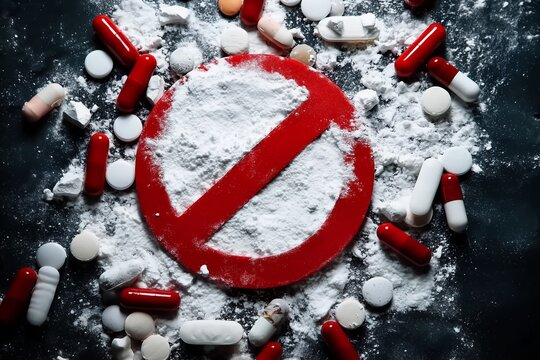 International Day Against Drug Abuse concept with prohibition sign, white powder and scattered pills
