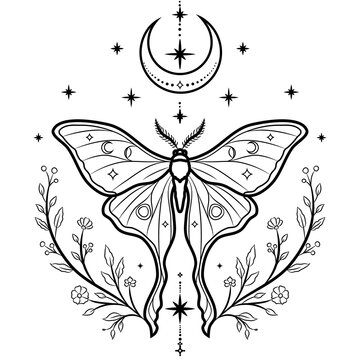 Mystical Butterfly Black Line Art Transparent PNG with Moon Stars and Flowers
