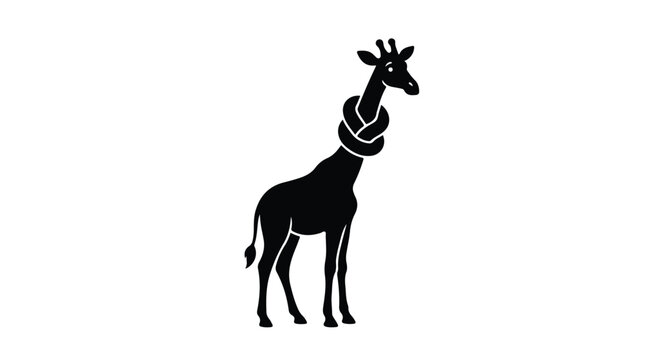 Surreal giraffe silhouette with a knotted neck, black and white animal vector illustration, creative conceptual giraffe icon for branding