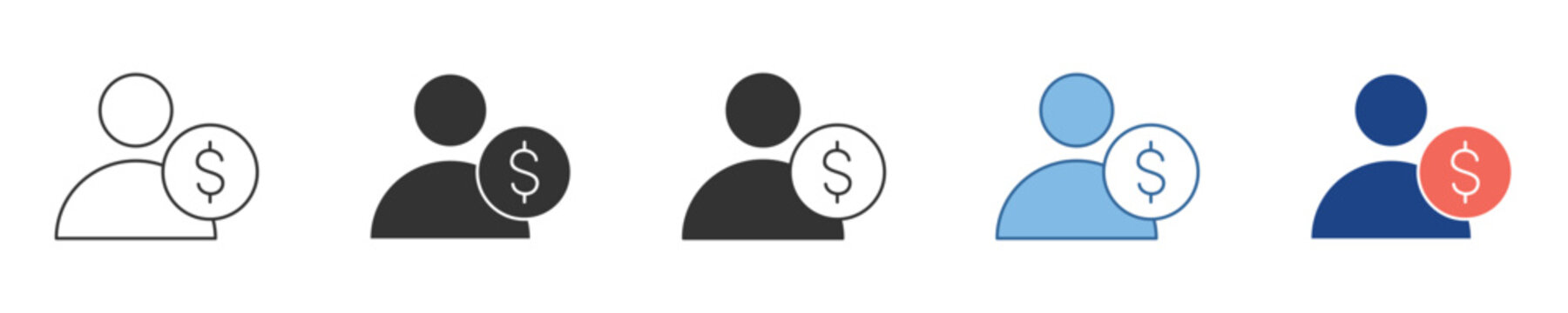 Diverse vector icon set illustrating a user profile associated with financial aspects, representing concepts like account cost, user income, payment status, or expenses across various styles