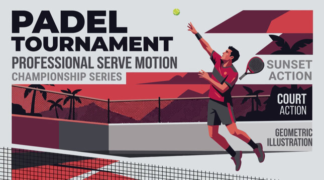 Padel Tournament Championship Series Professional Serve Motion Sunset Court Action Graphic