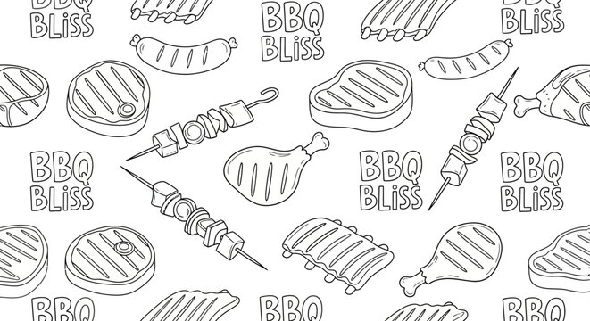 Seamless Pattern of Hand Drawn BBQ Food Items.