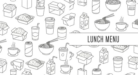 Naklejka premium Lunch menu banner with hand drawn food and drink doodle icons.