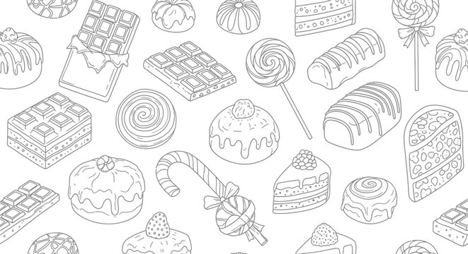 Seamless pattern of hand drawn assorted sweets and desserts.