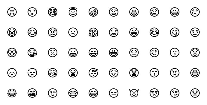 Emoticons icon set. Minimal vector icons pack. Includes angry, sad, happy, surprised, wink, kiss, crying, scared, embarrassed, cool, bored, shy, proud, laughing, sick, calm, devil, suspect and more.