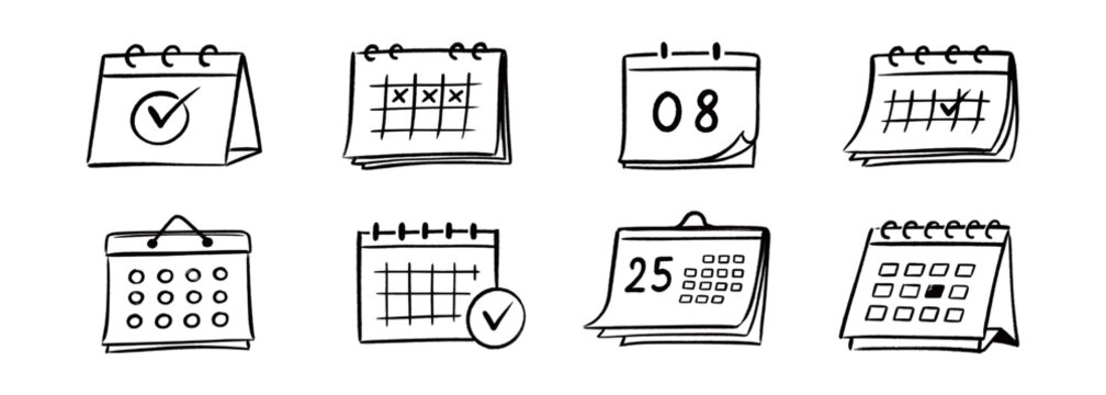 Calendar doodle icon vector set. Hand drawn calendar doodle icon with paper date time month schedule. Business reminder appointment notebook office management graphic concept. Vector illustration