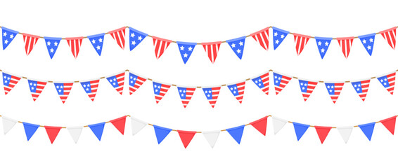 Fototapeta premium USA flag garland chain set. American flags pennon string collection for Independence day decoration, July 4 party. White, blue, red bunting decor. Triangle pennants with stripes and stars. Vector