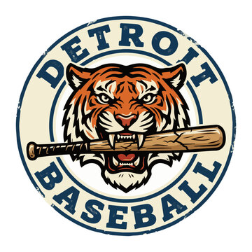 Vintage-style circular Detroit Baseball logo featuring an angry tiger mascot holding a wooden baseball bat in its mouth.