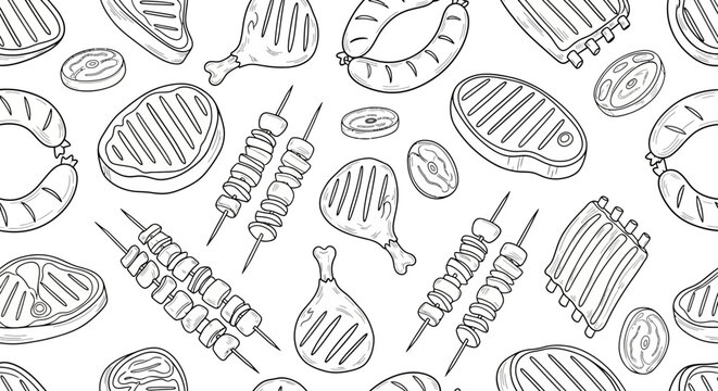 Hand drawn doodle seamless pattern of assorted grilled meat products.
