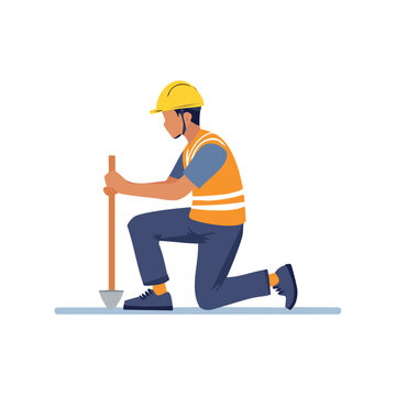 Construction worker kneeling with shovel, flat vector illustration