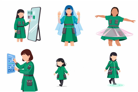 Futuristic smart clothing for kids concept featuring young girls interacting with interactive mirrors and holographic technology in flat vector style