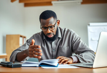 Fototapeta premium Worried businessman calculating finances at office desk