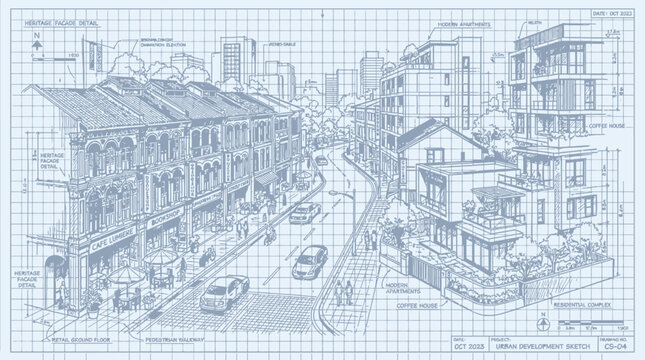 Hand drawn sketch illustration of urban cityscape with houses and buildings, vintage architecture street scene in Paris, vector drawing of town landscape with church and cars