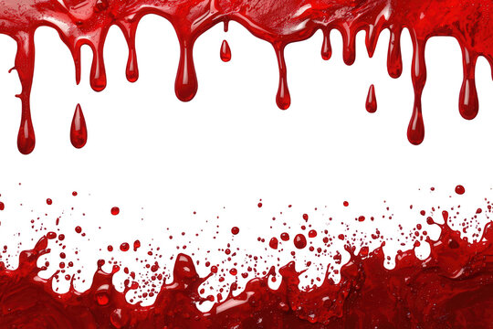 Red blood dripping and splashing creating a gory frame template for horror and halloween designs, transparent background
