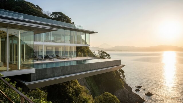 A floating glass and steel mansion cantilevered over a cliff in Atami, overlooking Sagami Bay. The cantilevered infinity pool merges with the ocean horizon.