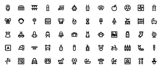 Baby icon set. Minimal line vector icons pack. Includes symbols for newborn, piano, garlands, feeder, train, sun, overalls, balloons, apple, ball and more. © wang