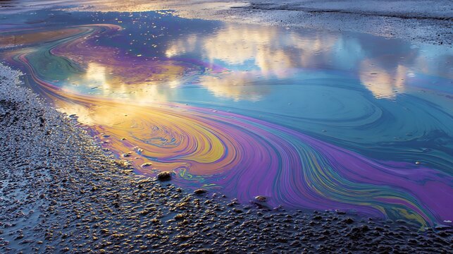 Vibrant iridescent oil slick on asphalt with sky reflection.