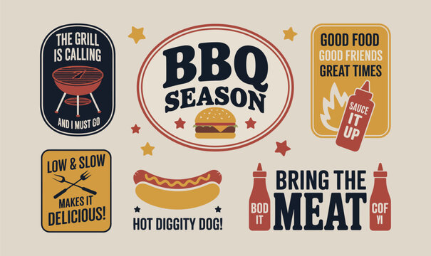BBQ Barbecue Retro Sticker Collection Vector Graphics for Restaurant Menu and T-shirt Print
