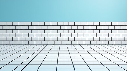 Fototapeta premium Modern minimalist room with white brick wall, tiled floor, and clear blue sky ceiling for open space design