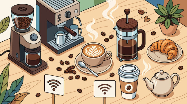 Seamless pattern with cosmetics and coffee drinks, espresso cups, mugs, tea and breakfast cafe accessories on brown and white background
