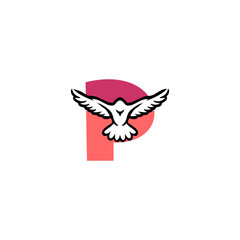 Fototapeta premium Clean monochrome vector logo featuring a flying bird combined with an alphabet letter P, ideal for branding, corporate identity, emblem, and minimalist logo design.