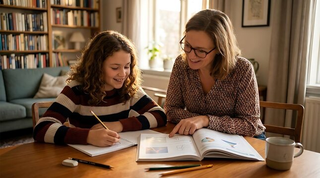 Adult helping child with homework at table with books in background