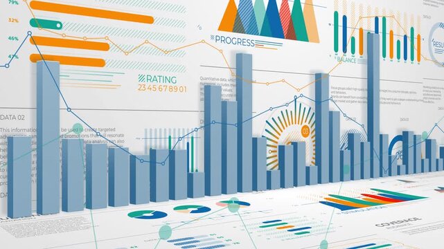 Business data analysis with financial charts and infographics