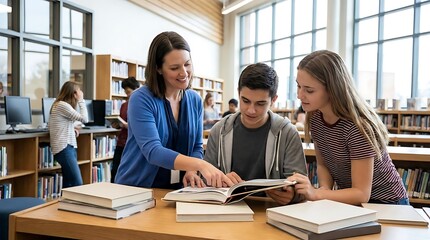 Fototapeta premium Adult helps young students study together in a modern library setting