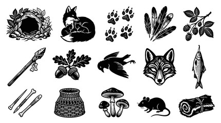 Fototapeta premium Wild Nature Icons: Fox, Feathers, Berries, Tools, Fish, Mushrooms, Mouse, Hide